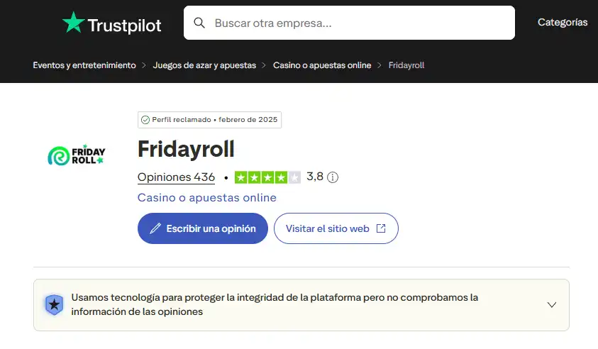 Perfil público de Fridayroll en Trustpilot con puntuación y recuento de opiniones