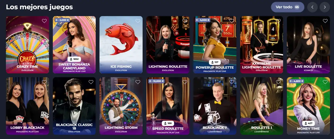 Sección oficial de casino en vivo de Fridayroll con mesas y formatos de espectáculo
