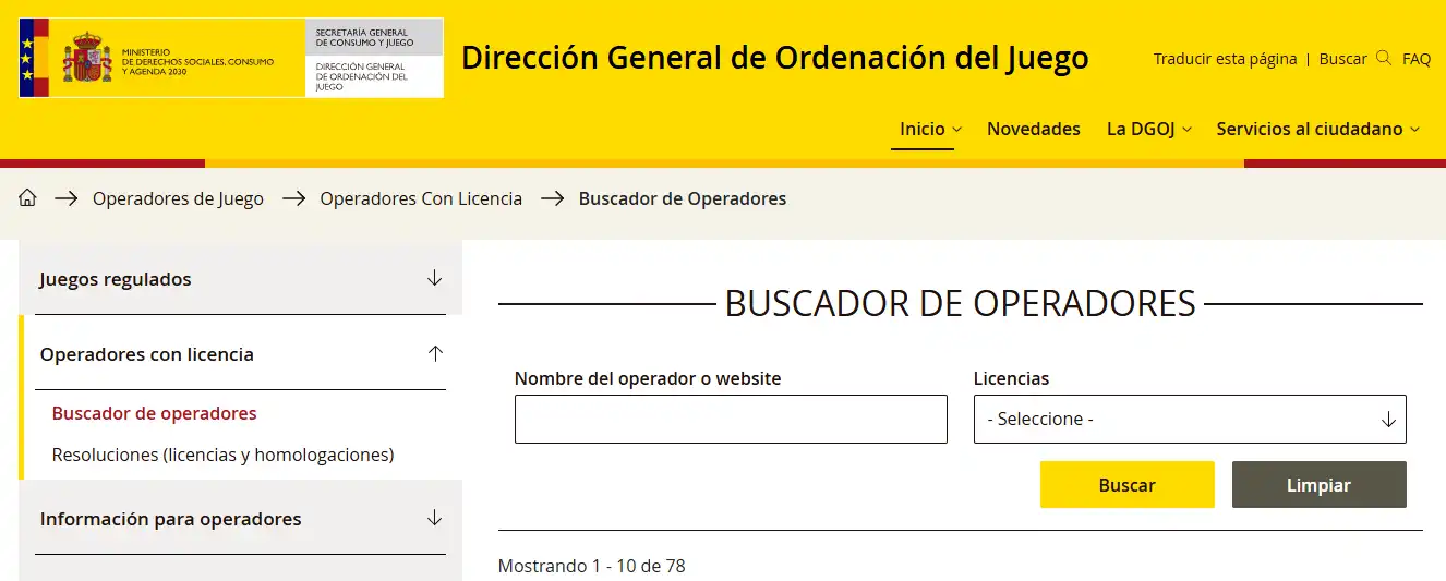 Registro público de operadores con licencia de la DGOJ